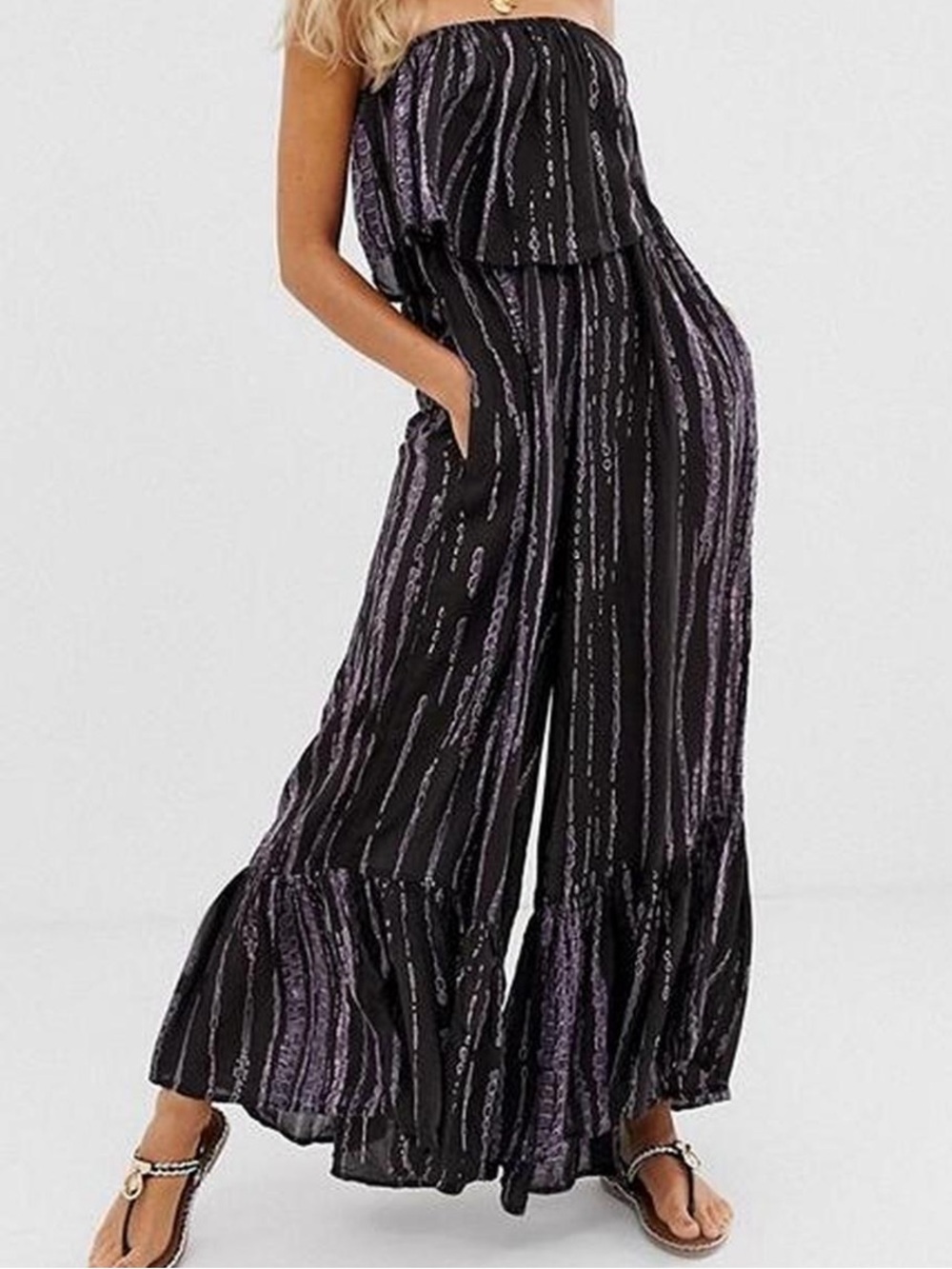 Free People Black and Purple Strapless Wide-Leg Jumpsuit